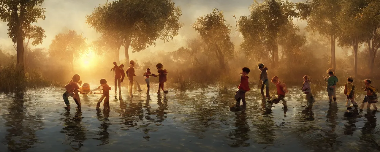Prompt: A bunch of kids playing video games in a swamp by John Calmette, digital art, realistic volumetric lighting, golden hour, realistic reflections, highly detailed