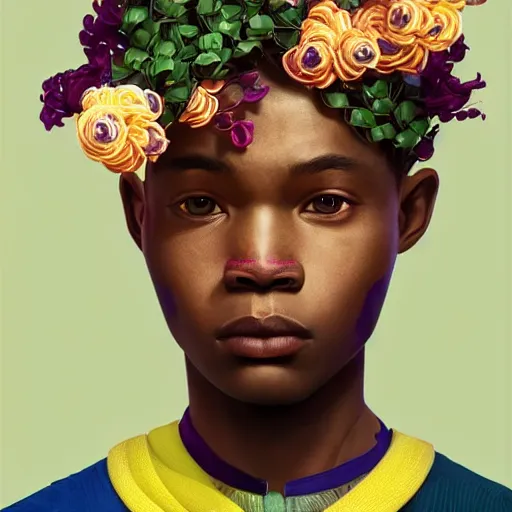 Prompt: colourful vfx art - portrait of focussed nigerian boy wrapped in flowers & vines, art by hsiao - ron cheng & james jean, volumetric light, ray tracing, sharp, detailed, digital painting, illustration, highly detailed, intricate detail, unreal engine, octane render, pinterest, behance, art station,