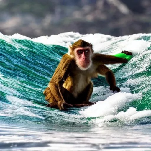 Prompt: monkey surfing a big wave