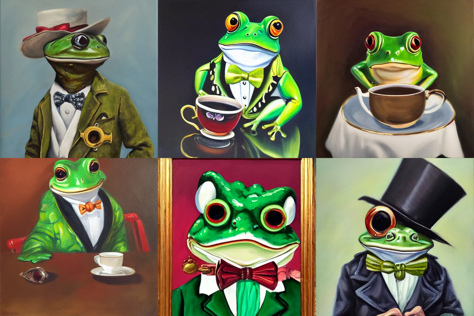 Prompt: oil painting portrait of a frog, wearing a jacket, bowtie and monocle. The frog is sipping english tea from a fine porcelain cup. The cup has floral design.