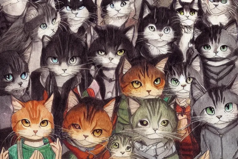 Prompt: beautiful art illustration of a group of cats by studio ghibli, anime, highly detailed