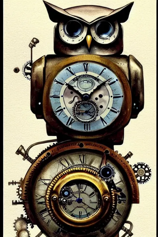 Prompt: (((((1950s robot steampunk clockwork detailed owl . muted colors.))))) by Jean-Baptiste Monge !!!!!!!!!!!!!!!!!!!!!!!!!!!!!!