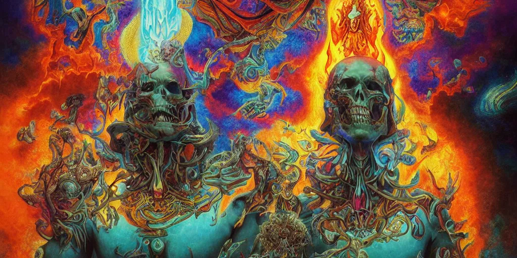 Image similar to gigantic psychedelic demonic cosmic skull of death and fire, outer space, fantasy painting, ultra realistic, dmt, symmetrical, wide angle, art nouveau, intricate details, digital painting, rainbowshift, vivid colors, highly detailed by peter mohrbacher, h. r. giger, maxfield parrish, craig mullins, octane render, cgi