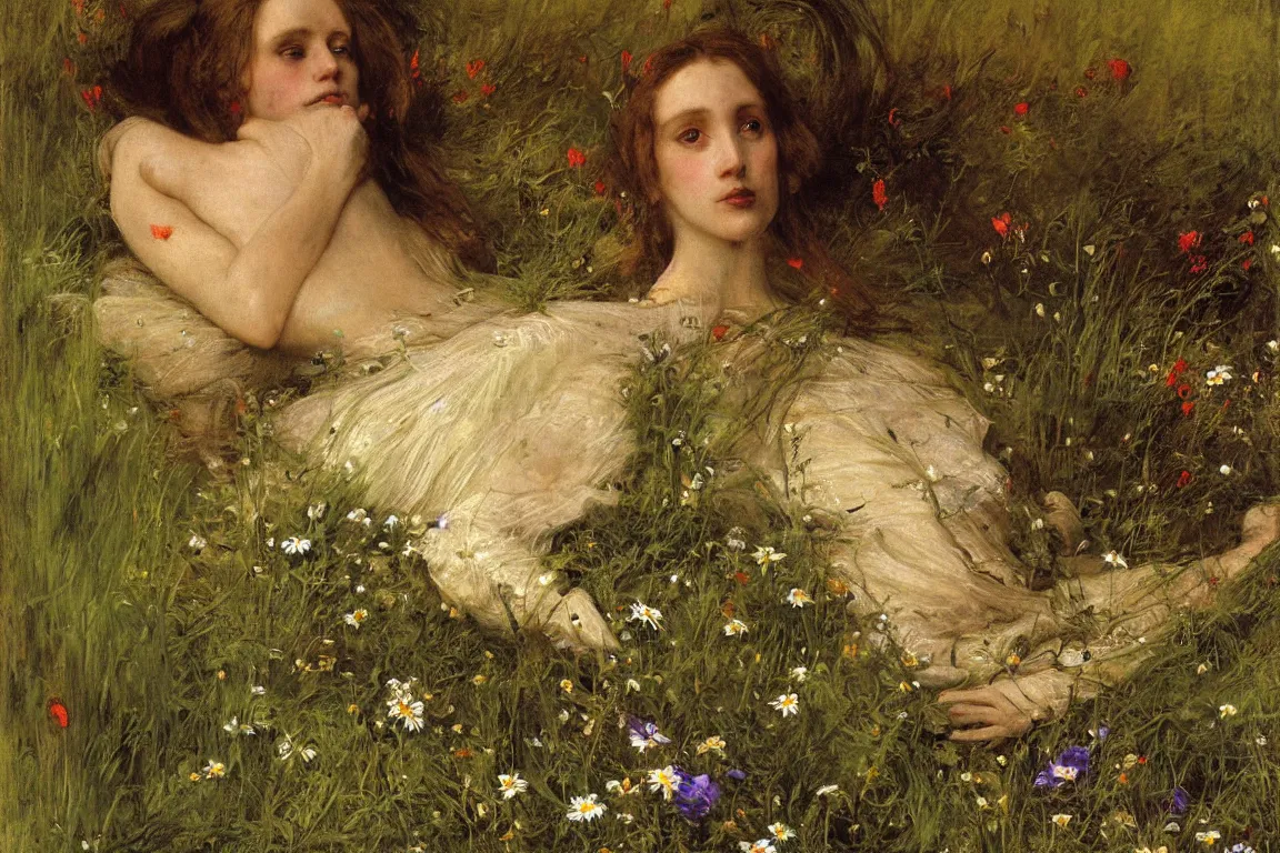 Prompt: John Millais. Close up of Apathetic pale Ophelia horizontal in a dark shallow stream. Scary dark forest, flowers scrub are everywhere. Golden brown dress with vibrant details, light dark very long hair. Poppies, daisies, pansies. Naturalistic strong vibrant green colors. Fine brush strokes. Mysterious and realistic. Isometric Perspective