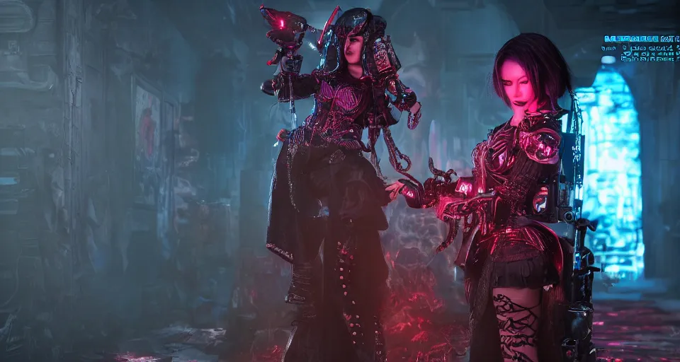 Image similar to Cosplay on hot scarlet female necromancer in cyberpunk-plate-armor, Ultra-HD, HCL, Volumetric Lighting, Screen Space Global Illumination, Opaque, Optics, Lumen Reflections, VFX, insanely detailed and intricate, hypermaximalist, elegant, ornate, hyper realistic, super detailed, full body,