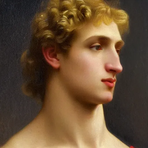 Image similar to PORTRAIT Painting of a blond male Venus Apollo. LONG CURLY blond hair. Sharp angular face high cheekbones hooked nose. Art by william adolphe bouguereau. During golden hour. Extremely detailed. Beautiful. 4K. Award winning.