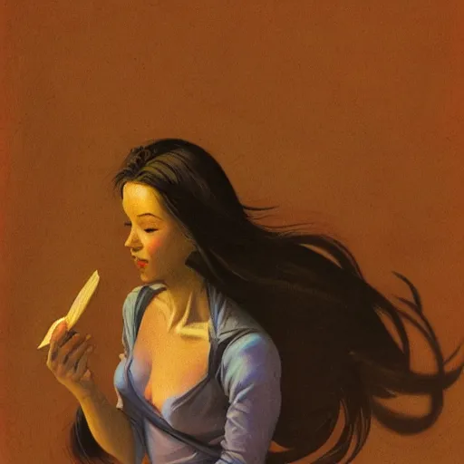 Image similar to a girl reading book, hair flowing down, in the style of Frank Frazetta, Jeff Easley, Caravaggio, extremely clear and coherent, clear lines, 8K revolution