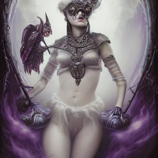 Image similar to tom bagshaw, soft painting fractal curiosities fairy carnival, single beautiful female in full nightshade gothic armor, accurate features, focus, very intricate ultrafine details, black white purple volumetric clouds, award winning masterpiece, octane render 8 k hd