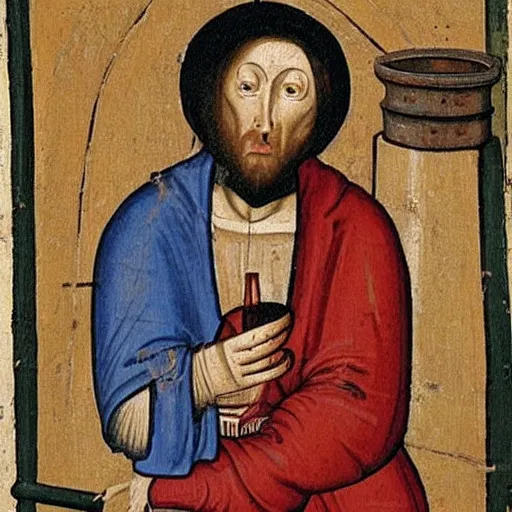 Prompt: medieval painting of a monk drinking wine next to a barrel, in the style of da Vinci