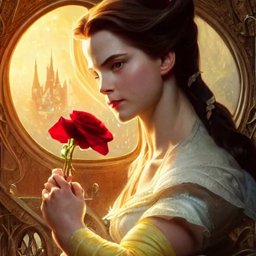 Image similar to belle beauty and the beast ; ultra realistic, concept art, intricate details, eerie, haunting, highly detailed, photorealistic, octane render, 8 k, unreal engine. art by artgerm and greg rutkowski and charlie bowater and magali villeneuve and alphonse mucha