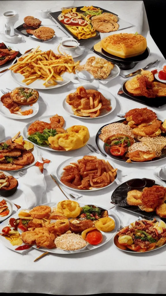 Image similar to 6 0 s food photography of a lavish spread of fast food from mcdonald's, on a velvet table cloth, soft focus