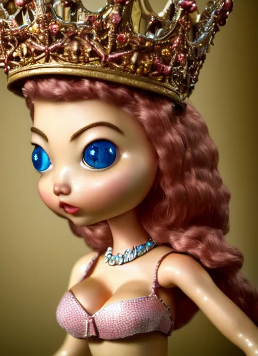 Prompt: highly detailed closeup, profile portrait of a tin toy fairytale princess wearing a crown, bikini, unreal engine, nicoletta ceccoli, mark ryden, earl norem, lostfish, global illumination, detailed and intricate environment
