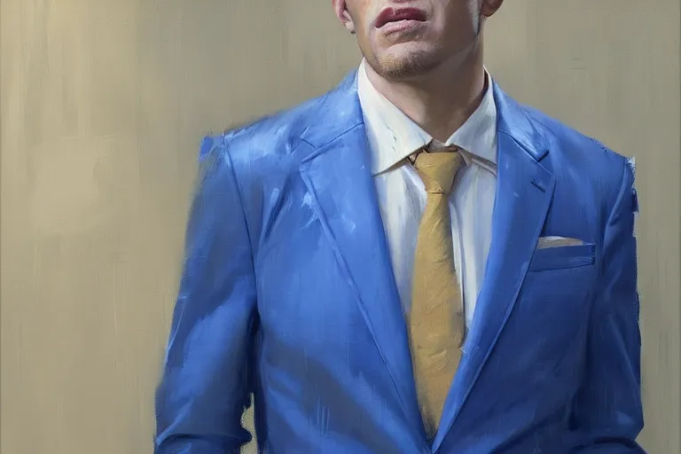 Prompt: greg manchess portrait of a blond man in a blue suit shock of being hurt, organic painting, sunny day, matte painting, bold shapes, hard edges, street art, trending on artstation, by huang guangjian, gil elvgren, ruan jia, randy vargas, greg rutkowski