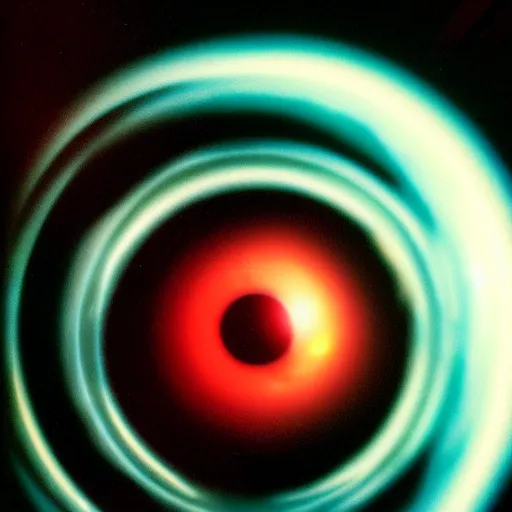 Image similar to polaroid photo of black hole in space, close up, futuristic light, trending on artstation, retro photography