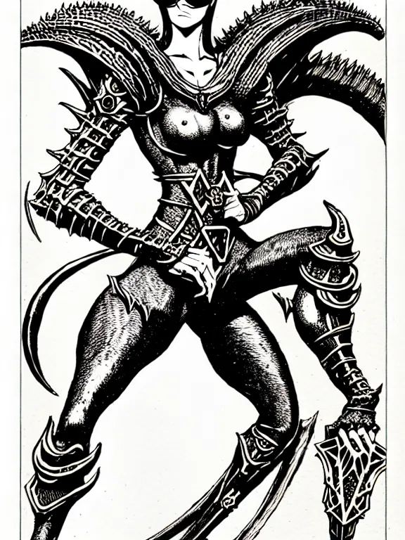 Image similar to bayonetta as a d & d monster, full body, pen - and - ink illustration, etching, by russ nicholson, david a trampier, larry elmore, 1 9 8 1, hq scan, intricate details, stylized border