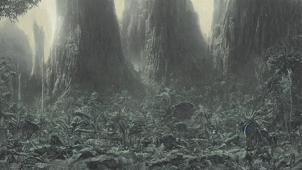 Image similar to otherworldly atmosphere of an alien jungle planet by arthur haas and bruce pennington and john schoenherr, cinematic matte painting