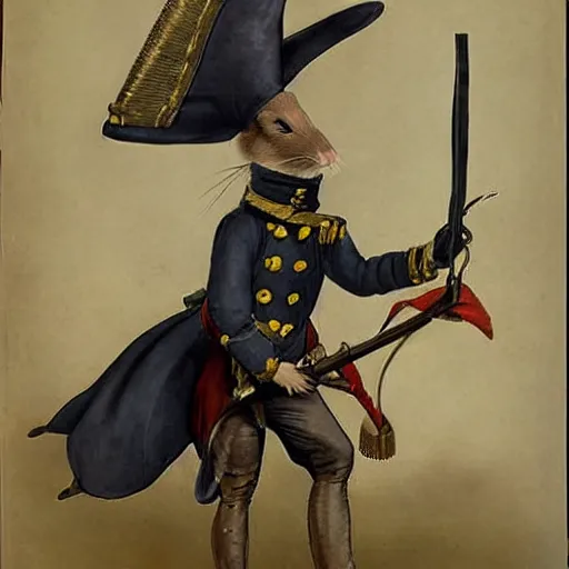 Image similar to Rat dressed in napoleonic war costume leaning on his musket.