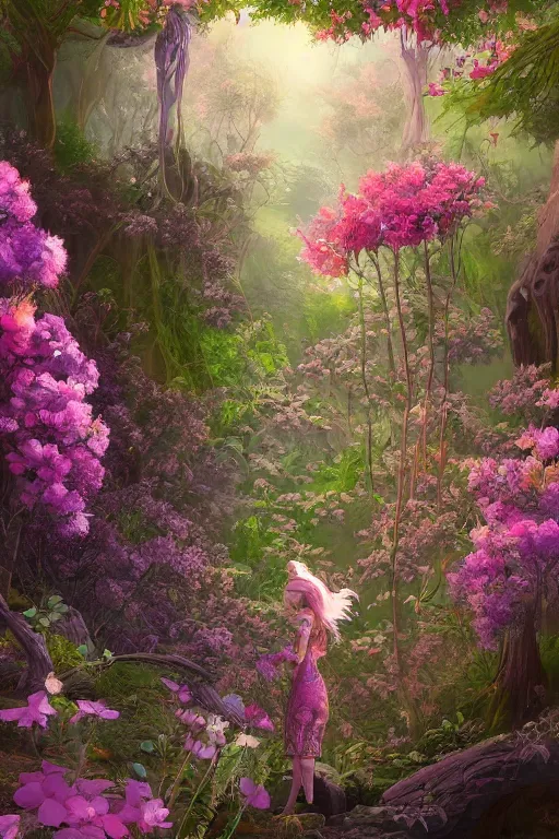 Prompt: beautiful digital matter cinematic painting of whimsical botanical illustration o bellflower hidden thicket, whimsical scene bygreg rutkowki artstation