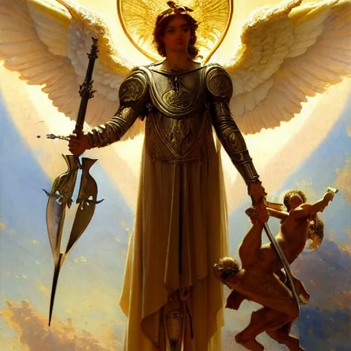 Image similar to saint michael the angel, guarding the world from evil. highly detailed painting by gaston bussiere, greg rutkowski, j c leyendecker 8 k