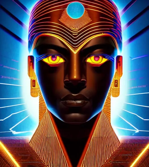 Image similar to symmetry!! egyptian god of technology, solid cube of light, hard edges, product render retro - futuristic poster scifi, lasers and neon circuits, brown skin handsome egyptian god, intricate, elegant, highly detailed, digital painting, artstation, concept art, smooth, sharp focus, illustration, dreamlike, art by artgerm