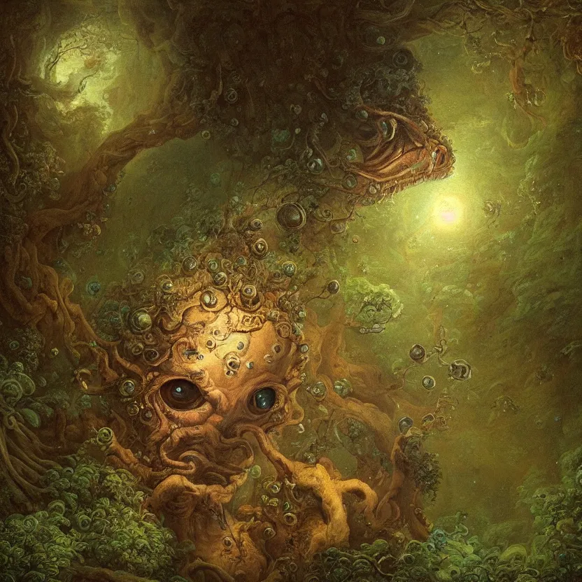 Prompt: a close - up rococo portrait of an alien. giant glowing eyes. surrounded by moss, mushrooms, and swamp, 1 8 th century painting by jean - honore fragonard and moebius. fireflies, night time. gloomy blue green environment, blurry organic dark background. sci - fi fantasy renaissance masterpiece. artstation