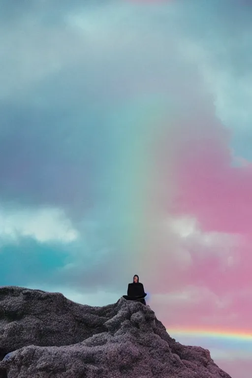 Image similar to high quality pastel coloured film close up wide angle photograph of a model wearing clothing resting on cloud furniture in a icelandic black rock environment in a partially haze filled dreamstate world. three point light, rainbow. photographic production. art directed. pastel colours. volumetric clouds. pastel gradient overlay. waves glitch artefacts. extreme facial clarity. 8 k. filmic.