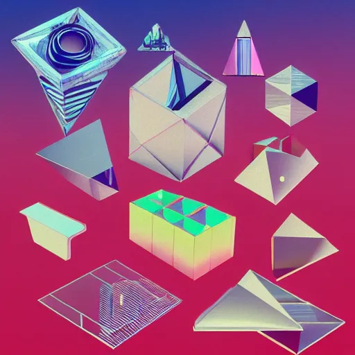 Image similar to a collage of different shapes and sizes of objects, a 3D render by Bedwyr Williams, behance contest winner, crystal cubism, vaporwave, synthwave, y2k aesthetic