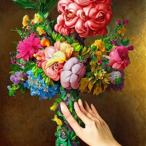 Prompt: photorealistic beautiful hands holding a big elaborate maximalist flower. mixed media 3d and oil painting in the style of Michelangelo and Banksy with flemish baroque details. hyperdetailed vivid textures HD 8x matte background