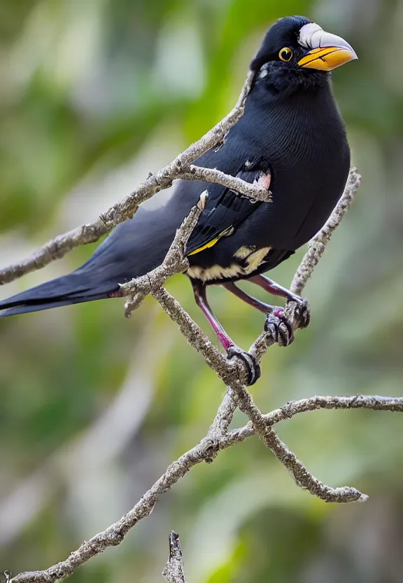 Prompt: exquisite feather detail in this photo of a grosbeak starling or myna, endemic to sulawesi, by jp photography