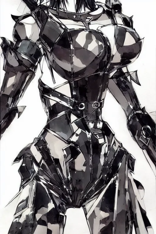 Image similar to feminine fashion robot character design by yoji shinkawa, sharp lines, highly detailed, full body shot