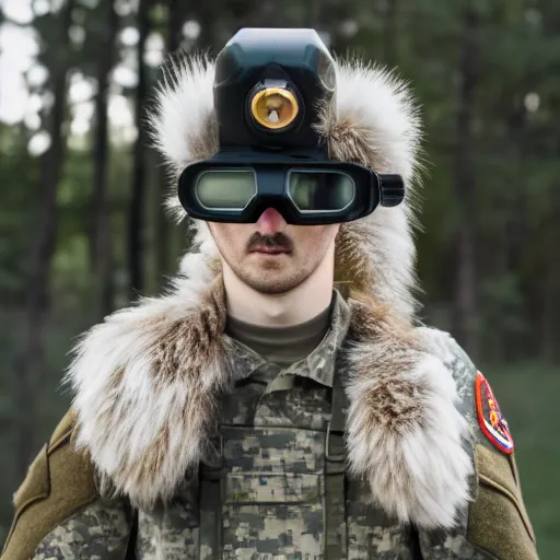 Image similar to a fluffy Fox dressed in a modern American military soldier uniform with night vision goggles, 85mm f/1.4