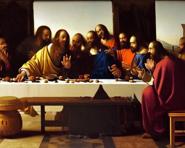 Prompt: beautiful glorious realistic oil painting of the last supper, baroque style by vermeer, highly detailed and photorealistic, 8 k high detail and intricate