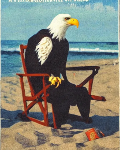 Image similar to postcard showing 'a cool bald eagle perched on a beach chair with shades and a beer bottle' laying in the sand, advertisement, american flag