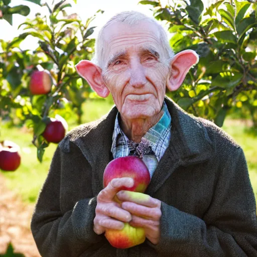 Image similar to portrait of an aged elf man, standing in an apple orchard, dressed well, very handsome