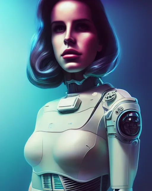 Image similar to portrait of Lana Del Rey as a cyborg. intricate abstract. intricate artwork. by Tooth Wu, wlop, beeple, dan mumford. dune by david lynch, octane render, trending on artstation, greg rutkowski very coherent symmetrical artwork. cinematic, hyper realism, high detail, octane render, 8k, iridescent accents