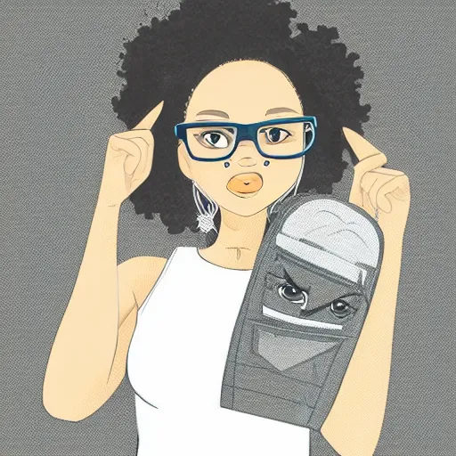 Prompt: a very beautiful curvy!!! girl with dark complexion, long, curly, afro hair, stylistic oval black eyes, half - frame square glasses, grey hoodie opened, white tank top, white gloves, denim jeans, character art, cute, digital art, cartoon network, cel shaded, character art