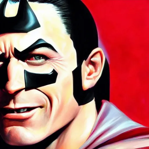 Image similar to An ultra-realistic portrait painting of Batman smiling in the style of Alex Ross. 4K. Ultra-realistic. Highly detailed. Epic lighting.