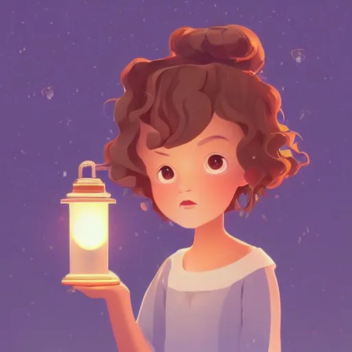 Image similar to a little girl with short wavy curly light brown hair holding a glowing lantern. clean cel shaded vector art. shutterstock. behance hd by lois van baarle, artgerm, helen huang, by makoto shinkai and ilya kuvshinov, rossdraws, illustration, art by ilya kuvshinov