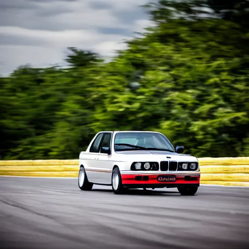 Image similar to a rolling shot of a modified bmw e 3 0 with lights on, on a street race track, motion blur, 1 5 0 mm lens