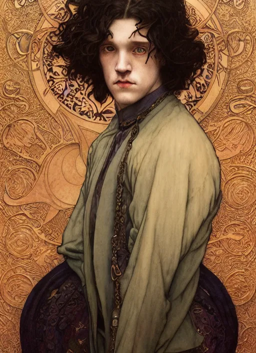 Image similar to edmund dulac, leyendecker, highly detailed portrait, a beautiful androgynous kit harrington, long hair, tall and thin, wearing several pendants, art nouveau, stephen bliss, unreal engine, by greg rutkowski, loish, ferdinand knab, ilya kuvshinov, rossdraws, tom bagshaw, alphonse mucha, global illumination, radiant light