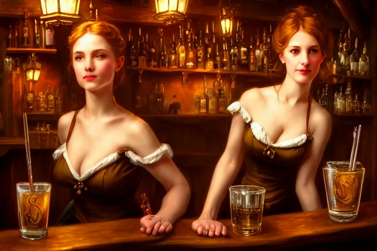 Image similar to a beautiful barmaid, dimly lit cozy crowded tavern, relaxed pose, fantasy, intricate, elegant, dramatic lighting, emotionally evoking symbolic metaphor, highly detailed, lifelike, photorealistic, digital painting, artstation, concept art, smooth, sharp focus, illustration, art by John Collier and Albert Aublet and Krenz Cushart and Artem Demura and Alphonse Mucha, masterpiece