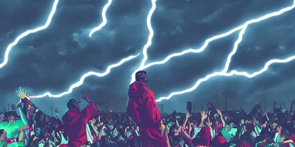 Image similar to Lightning strikes while rapper performs for huge crowd reaching up to him, digital art, vapor wave, hip hop, trending on Artstation, professional artist, detailed, 4k