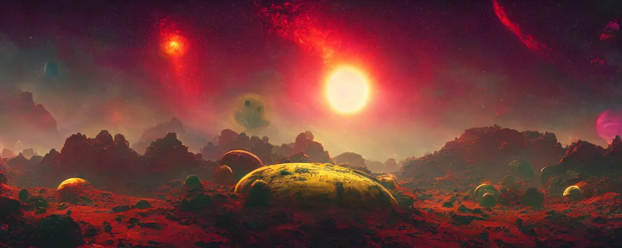 Prompt: ” gas planets on another world, [ cinematic, detailed, epic, widescreen, opening, establishing, mattepainting, photorealistic, 4 k, octane render, art by paul lehr ] ”