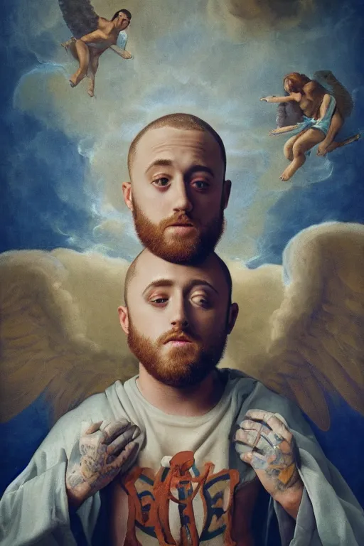 Image similar to The last portrait of Mac Miller, Heavenly, Hellish, Divinity, Hope, Ethereal, Renaissance Painting, Symmetry, God and the Devil on my shoulders, Atmospheric Lighting, artstation trending, good versus evil, ladders, angelic, the divine feminine, drama masks, Pittsburg, Blue Slide Park, Most Dope, environment concept, Rendered in Octane, trending on artstation, cgsociety, moody lighting rendered by octane engine, environment 8K artstation, cinematic lighting, intricate details, 4k detail post processing, hyperealistic, octane render, photo realism