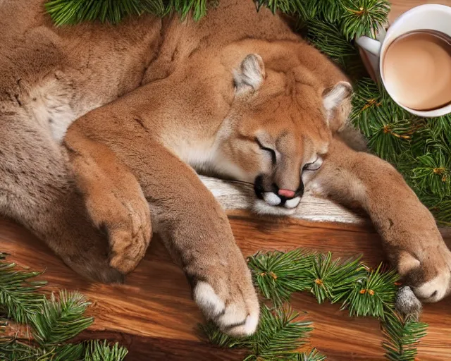 Image similar to colouring book showing 'a cougar sleeping in the middle of snowy pine tree' laying on coffee table, zoomed out shot, HD, iphone capture