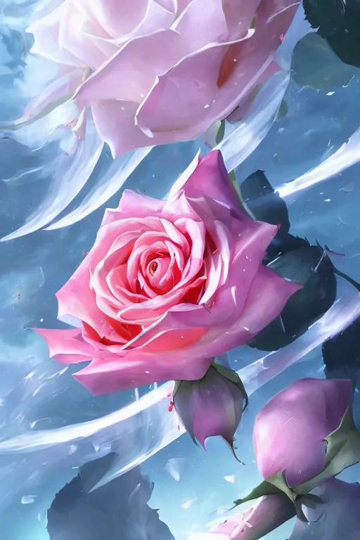 Prompt: concept art magic invisible blades slicing through a bouquet of white and pink roses, flowers exploding and spraying, big puffy clouds, large rose petals, lotus petals, large polygonal background elements, large polygons, dramatic anime, dramatic lighting, artgerm, manga, trending on artstation, marco bucci, mature colors