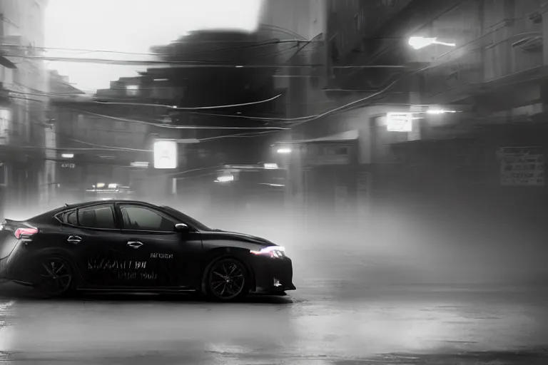 Prompt: black Nissan Altima 2022. Altima GT modified large wing big front lip hood scoop car racing on dimly lit street overcast skies raining headlights illuminating road, volumetric lighting cinematic vray photo muted colors dark cinematic. dark photo. front side view uncropped centered. artstation trending dramatic harsh lighting low exposure, motion blur, dof