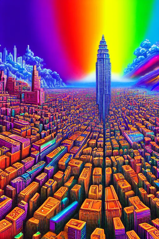 Image similar to a beautiful hyperdetailed painting of spiritual evolution city of god, rainbow retrowave fantasy, wallpaper, highly detailed, trending on artstation.