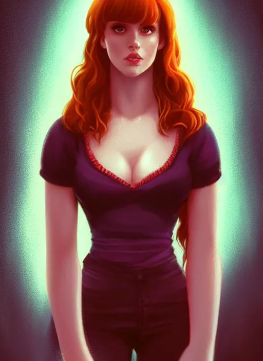 Image similar to full body portrait of teenage cheryl blossom, bangs, green eyes, sultry expression, red hair, sultry smirk, bangs and wavy hair, pink shirt, intricate, elegant, glowing lights, highly detailed, digital painting, artstation, concept art, smooth, sharp focus, illustration, art by wlop, mars ravelo and greg rutkowski