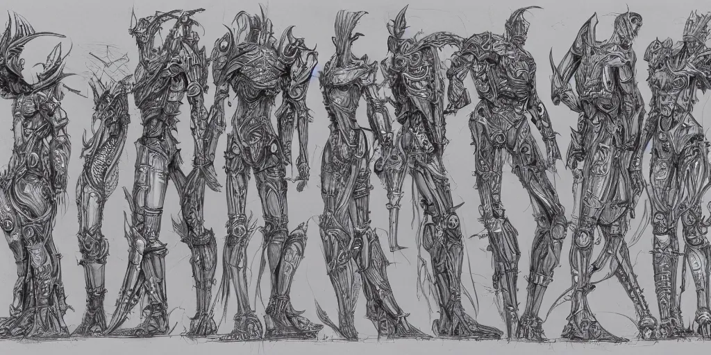 Prompt: highly detailed character sheet, technical drawing, side view, biomechanical human game protagonist designs, side - scrolling 2 d platformer, art by h. r. giger and jonathan wayshak